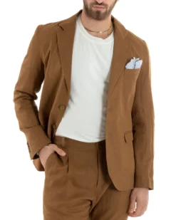 Abito Uomo Monopetto Completo Lino Sartoriale Giacca Pantaloni Camel GIOSAL-OU2327A