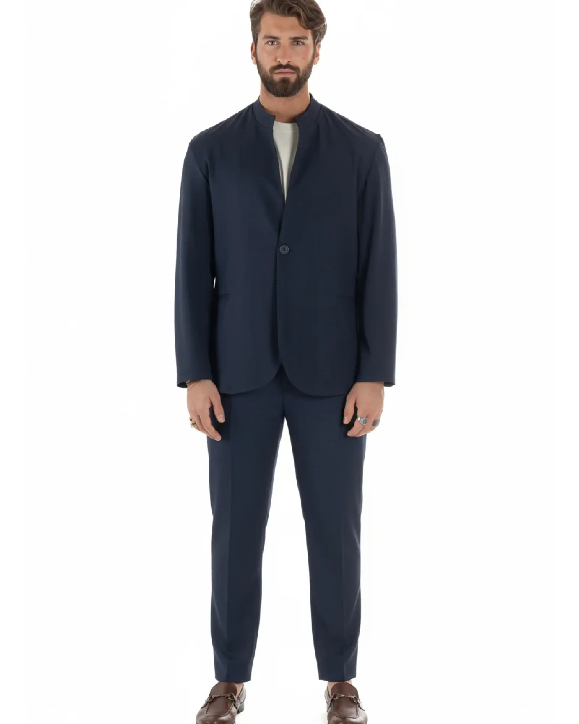 Abito uomo monopetto giacca coreana pantaloni abbottonatura allungata blu GIOSAL-AE1219A