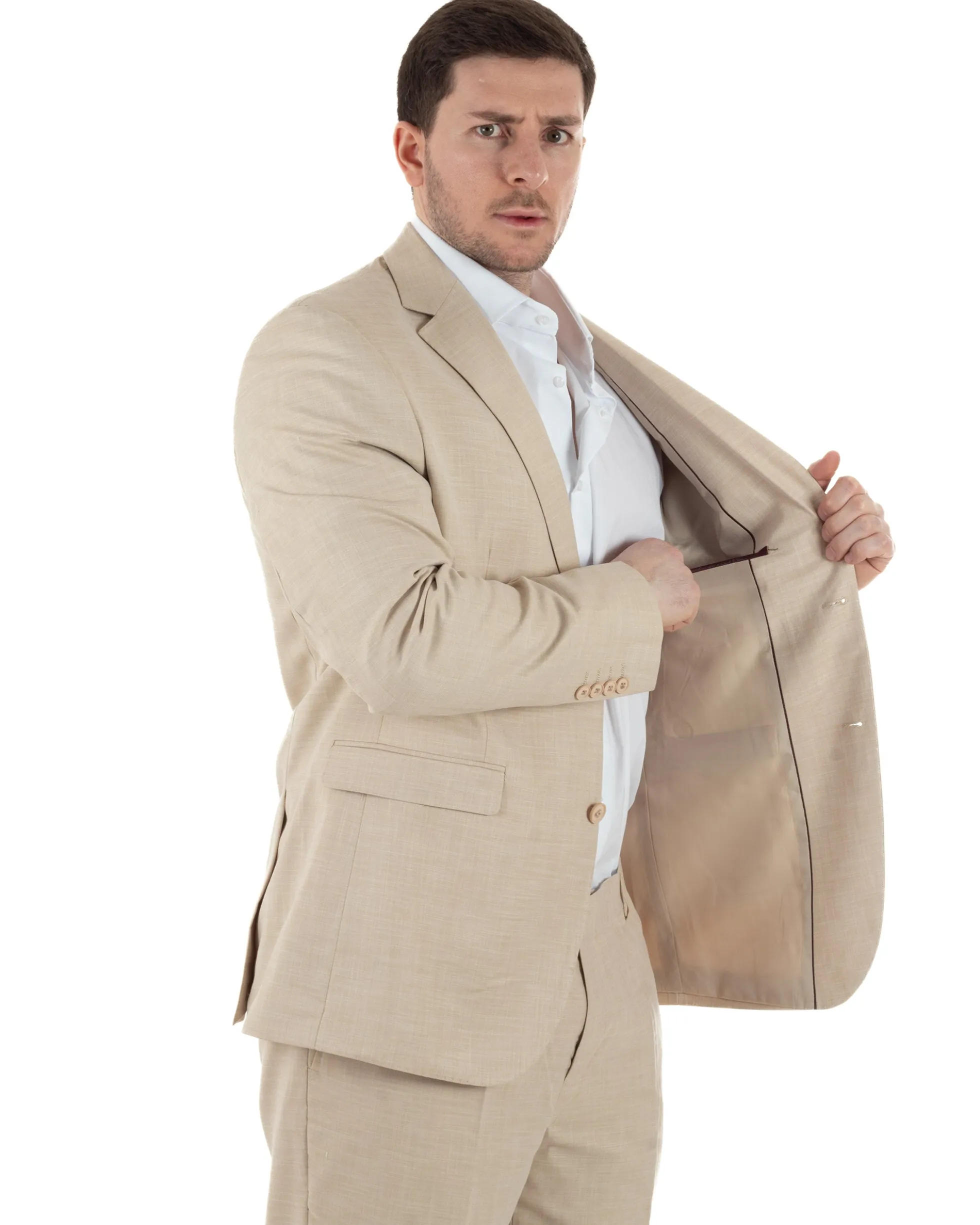 Abito Uomo Monopetto Vestito Viscosa Completo Taglie Comode Beige Melangiato TCAE1006A