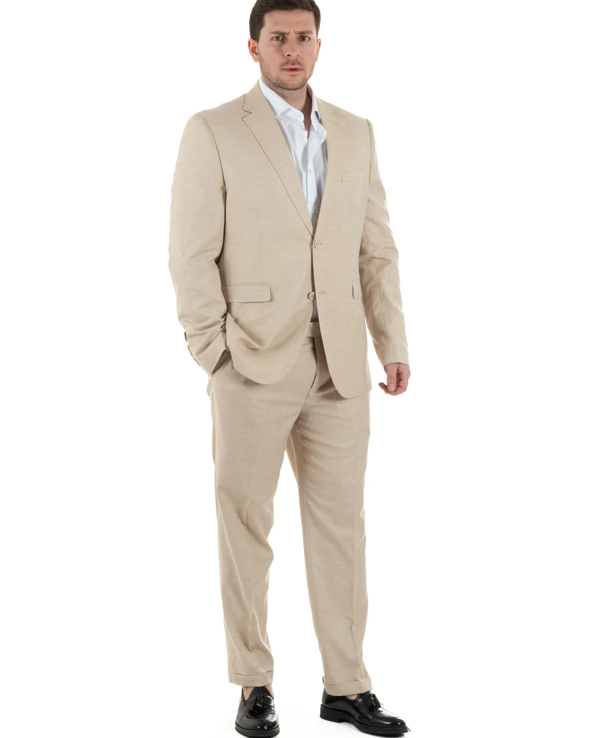 Abito Uomo Monopetto Vestito Viscosa Completo Taglie Comode Beige Melangiato TCAE1006A