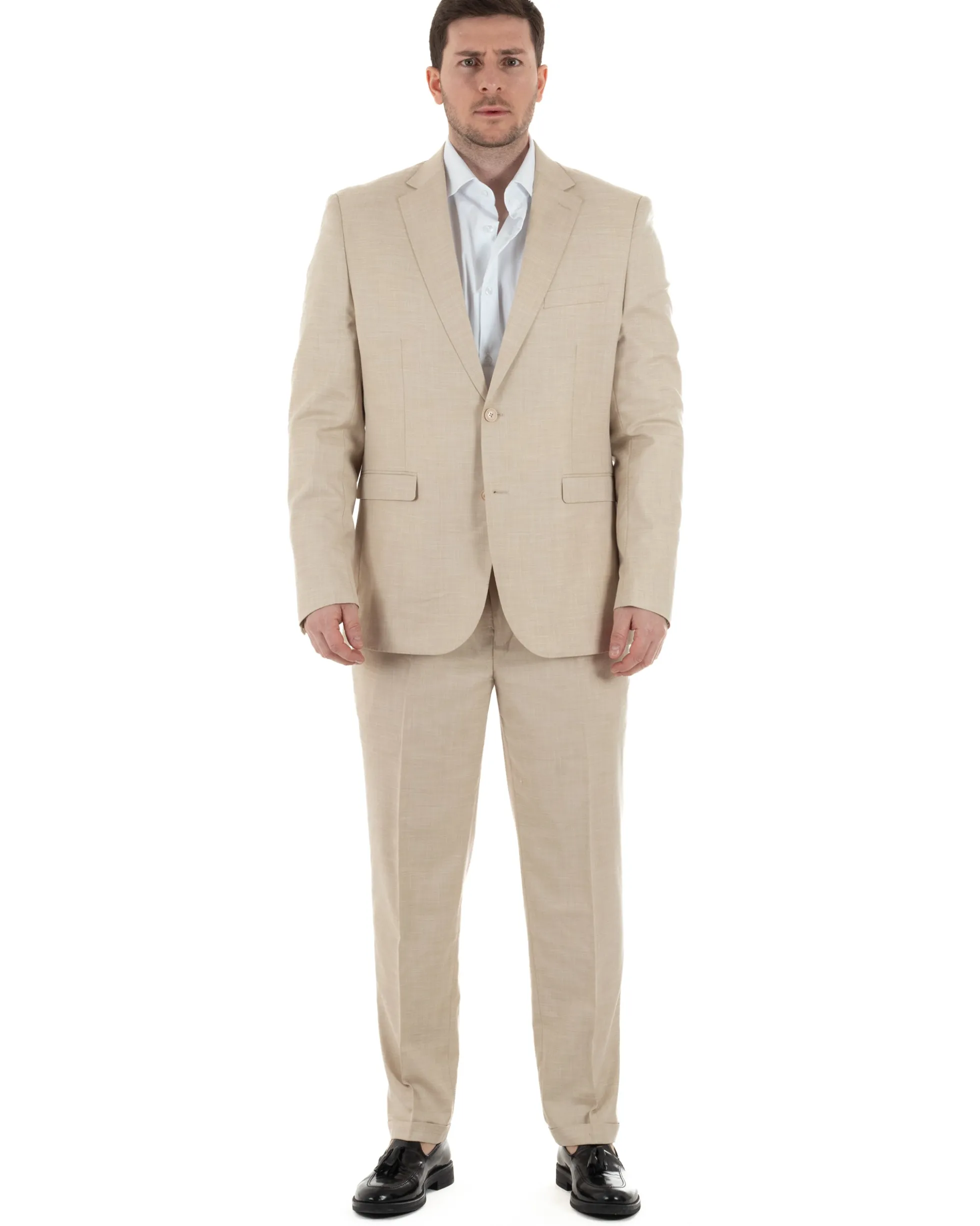 Abito Uomo Monopetto Vestito Viscosa Completo Taglie Comode Beige Melangiato TCAE1006A