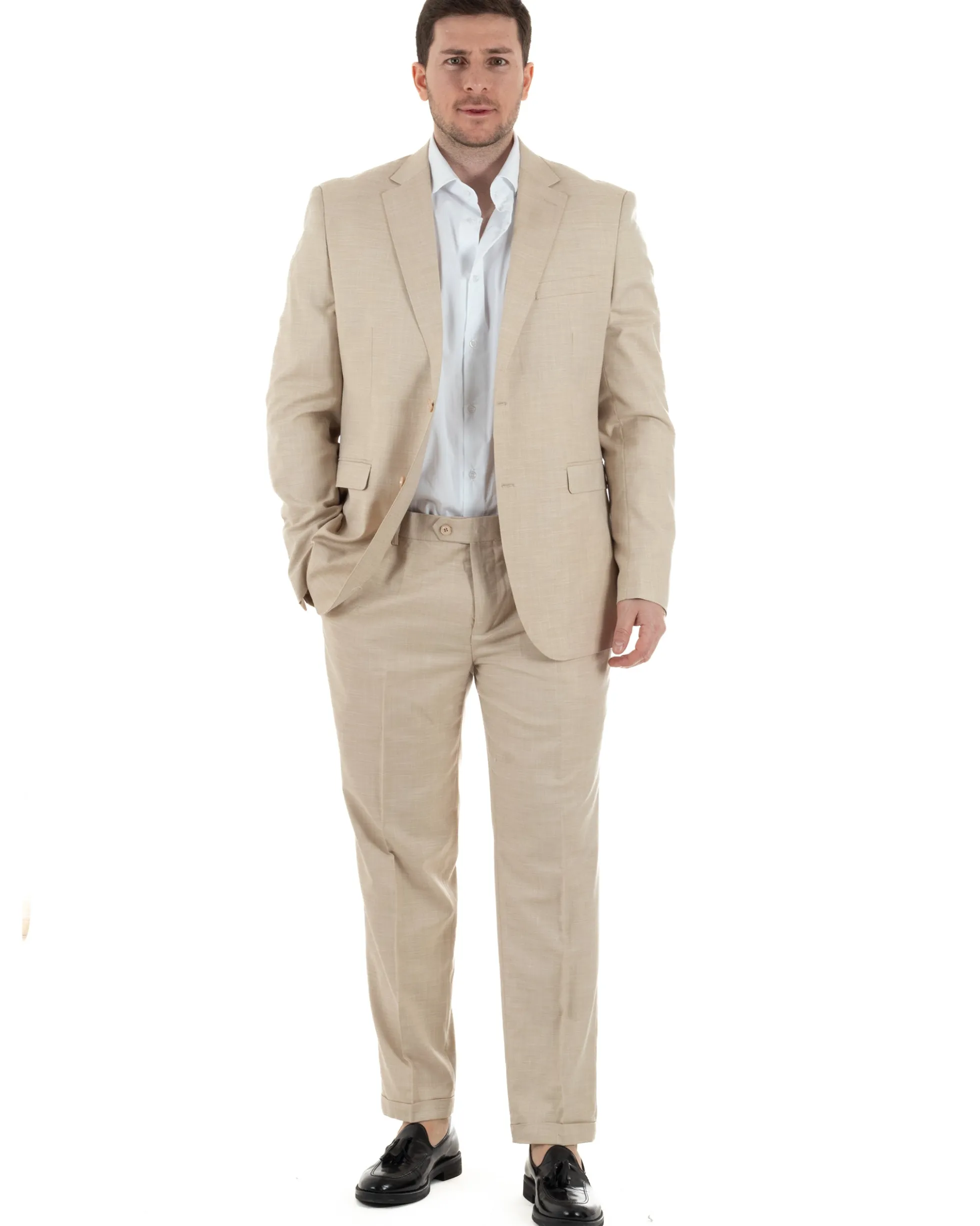 Abito Uomo Monopetto Vestito Viscosa Completo Taglie Comode Beige Melangiato TCAE1006A