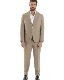 Abito Uomo Monopetto Vestito Gessato Giacca Con Pochette Pantaloni Completo Elegante Beige GIOSAL-AE1109A