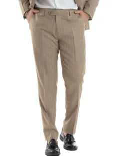 Abito Uomo Monopetto Vestito Gessato Giacca Con Pochette Pantaloni Completo Elegante Beige GIOSAL-AE1109A