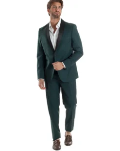 Abito Uomo Monopetto Vestito Completo Giacca Rever Sciallato In Raso Pantaloni Verde AE1153A