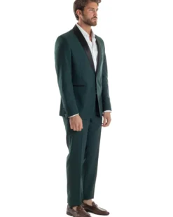 Abito Uomo Monopetto Vestito Completo Giacca Rever Sciallato In Raso Pantaloni Verde AE1153A