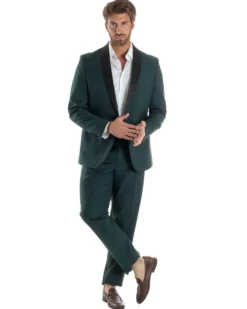 Abito Uomo Monopetto Vestito Completo Giacca Rever Sciallato In Raso Pantaloni Verde AE1153A