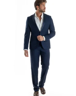 Abito Uomo Monopetto Vestito Completo Giacca Rever Sciallato In Raso Pantaloni Blu AE1152A