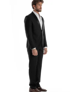 Abito Uomo Monopetto Vestito Completo Giacca Rever Sciallato In Raso Pantaloni Nero AE1154A