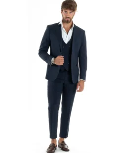 Abito uomo monopetto vestito 3 pezzi completo panciotto blu melangiato GIOSAL-AE1062A