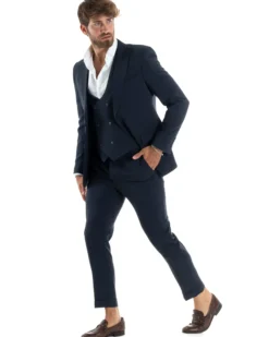 Abito uomo monopetto vestito 3 pezzi completo panciotto blu melangiato GIOSAL-AE1062A