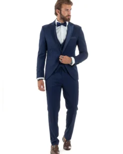 Abito Uomo Monopetto Vestito 3 Pezzi Completo Panciotto Smoking Raso Blu AE1099A