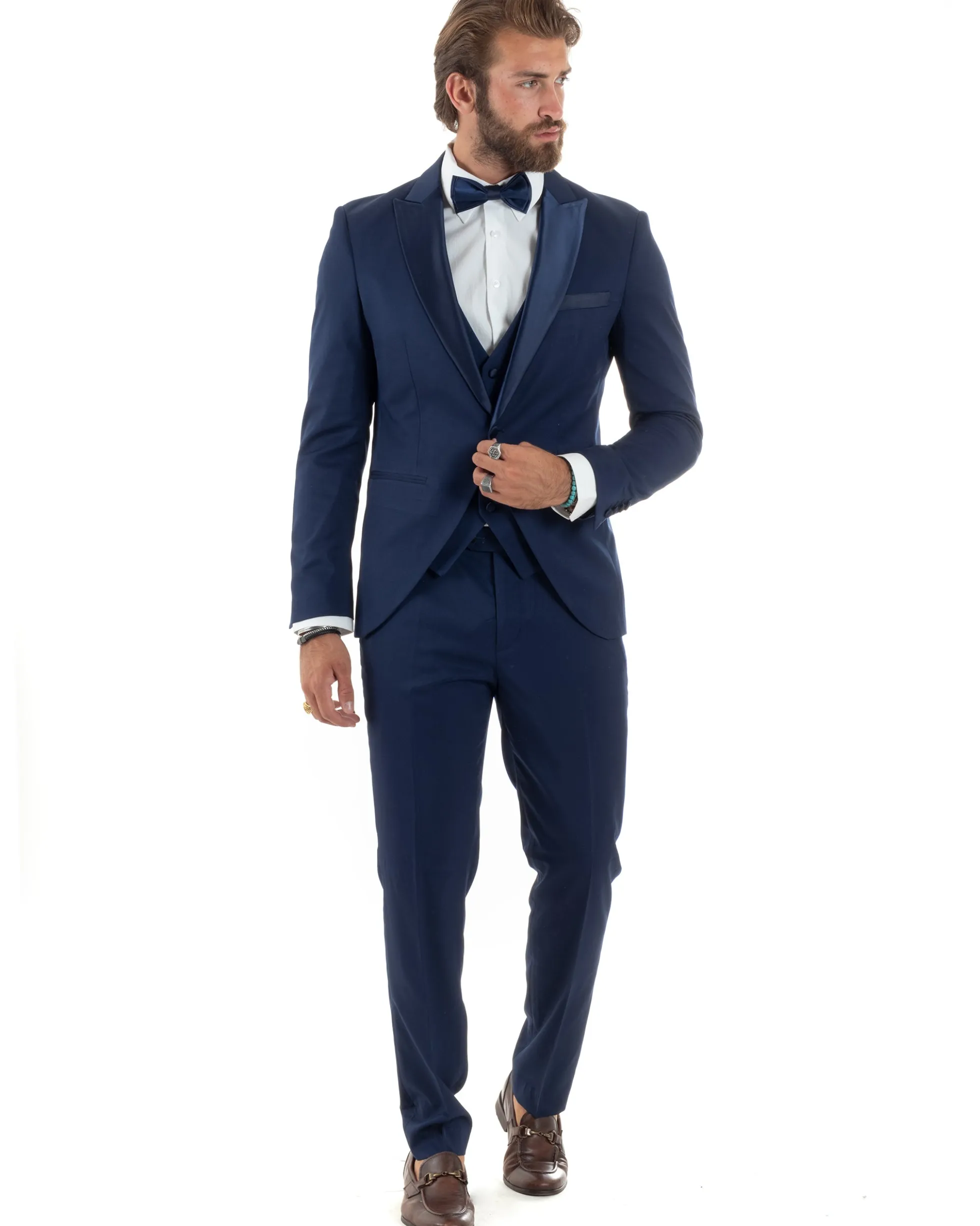 Abito Uomo Monopetto Vestito 3 Pezzi Completo Panciotto Smoking Raso Blu AE1099A