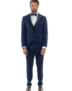 Abito Uomo Monopetto Vestito 3 Pezzi Completo Panciotto Smoking Raso Blu AE1099A
