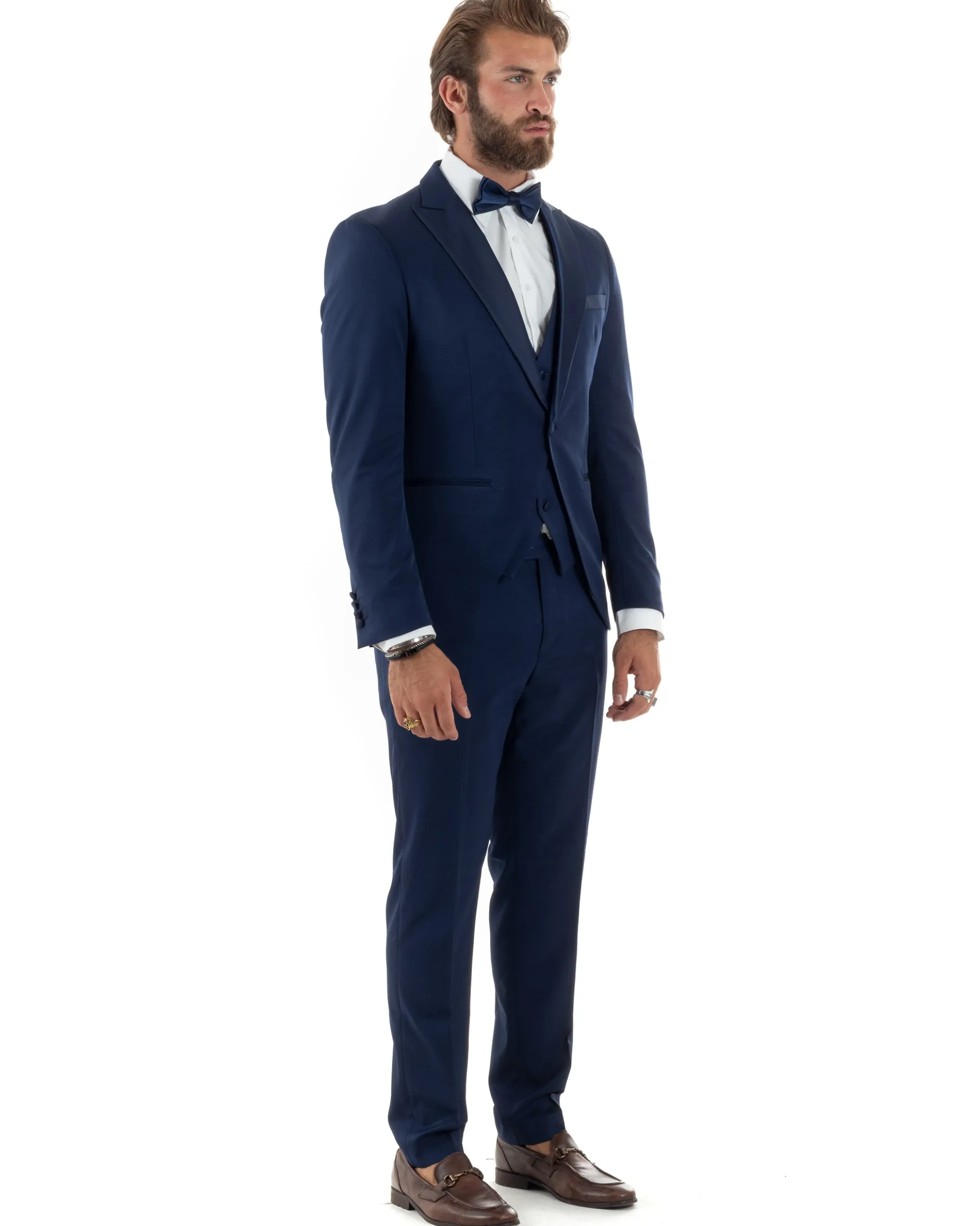 Abito Uomo Monopetto Vestito 3 Pezzi Completo Panciotto Smoking Raso Blu AE1099A