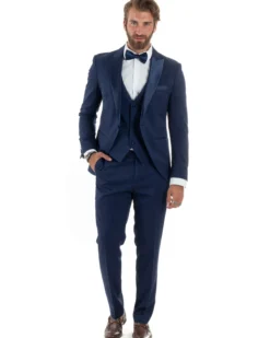 Abito Uomo Monopetto Vestito 3 Pezzi Completo Panciotto Smoking Raso Blu AE1099A