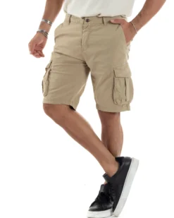 Bermuda Cargo Uomo Cotone Pantaloncini Corti Casual Con Tasconi Con Tasche America Oversize Wide Leg Tinta Unita Beige GIOSAL-PC1976A