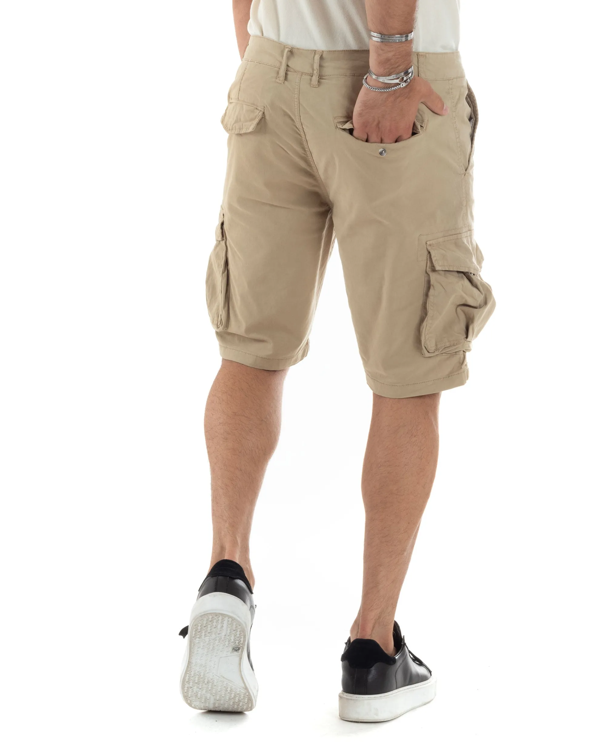 Bermuda Cargo Uomo Cotone Pantaloncini Corti Casual Con Tasconi Con Tasche America Oversize Wide Leg Tinta Unita Beige GIOSAL-PC1976A