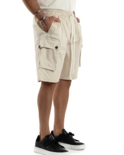 Bermuda Cargo Uomo Cotone Pantalaccio Corto Jogger Con Tasconi Tasche America Con Laccio Oversize Wide Leg Beige GIOSAL-PC1973A