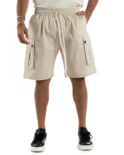 Bermuda Cargo Uomo Cotone Pantalaccio Corto Jogger Con Tasconi Tasche America Con Laccio Oversize Wide Leg Beige GIOSAL-PC1973A