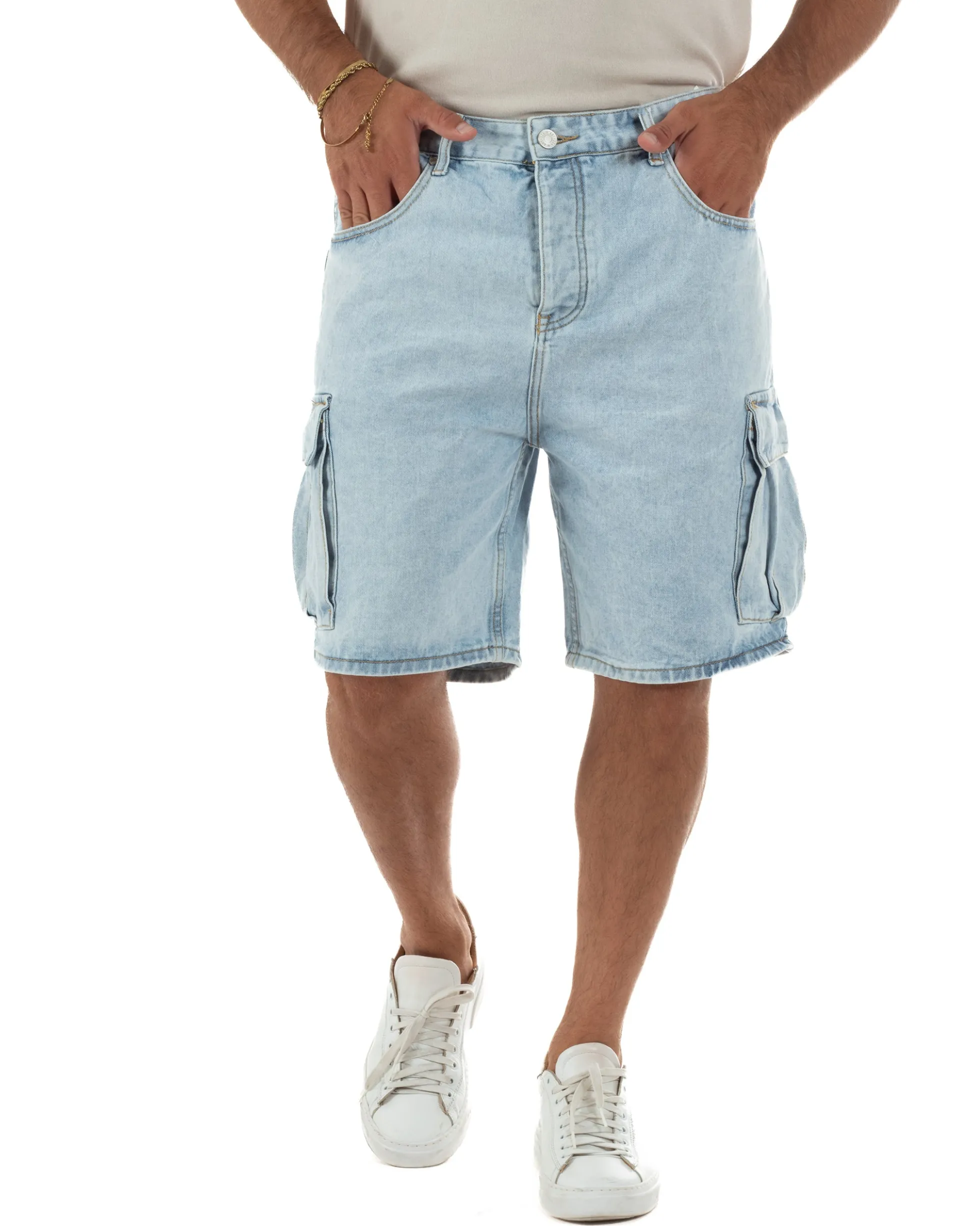 Bermuda cargo uomo pantaloncini con tasconi cinque tasche denim chiaro GIOSAL-PC2051A