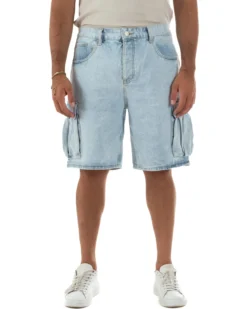 Bermuda cargo uomo pantaloncini con tasconi cinque tasche denim chiaro GIOSAL-PC2051A