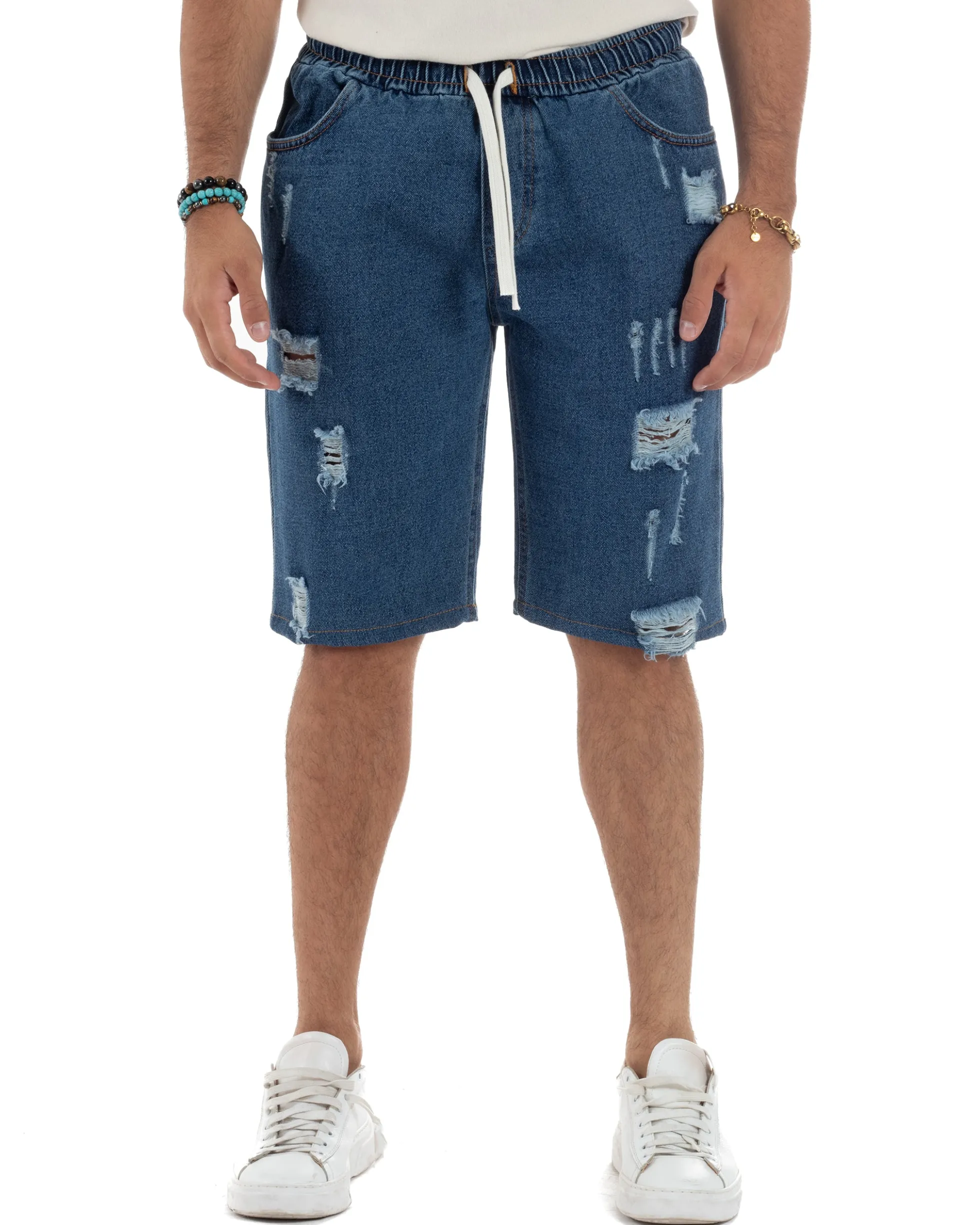Bermuda jeans uomo pantalaccio rotture regular fit denim scuro GIOSAL-PC2003A