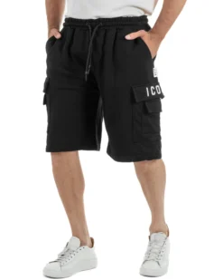 Bermuda jogger cargo uomo tasche laterali logo streetwear nero ICON-IUB003