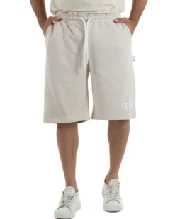 Bermuda pantaloncini uomo coulisse relaxed fit logo streetwear beige ICON-IUB001