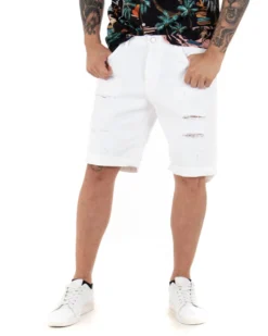 Bermuda Pantaloncini Uomo Corti Comodi Con Rotture Cinque Tasche Regular Fit Casual Tinta Unita Bianco GIOSAL-PC1762A
