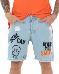 Bermuda Pantaloncini Uomo Corti Jeans Smile Stampa Denim Chiaro GIOSAL-PC1843A