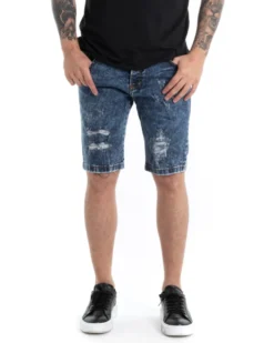 Bermuda Pantaloncini Uomo Corti Casual Slim Fit Jeans Con Rotture Cinque Tasche Denim Slavato GIOSAL-PC1816A