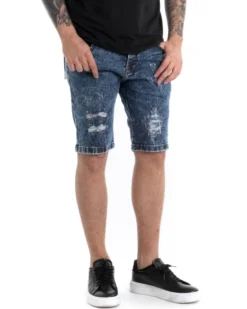 Bermuda Pantaloncini Uomo Corti Casual Slim Fit Jeans Con Rotture Cinque Tasche Denim Slavato GIOSAL-PC1816A