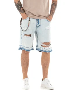 Bermuda Pantaloncini Uomo Corti Jeans Con Rotture Sfrangiato Cinque Tasche Denim Slavato GIOSAL-PC1844A