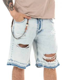 Bermuda Pantaloncini Uomo Corti Jeans Con Rotture Sfrangiato Cinque Tasche Denim Slavato GIOSAL-PC1844A