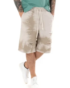 Bermuda Pantaloncini Uomo Corti Sfumati Tie Dye Con Rotture Cavallo Basso Pantalaccio Wide Leg Beige GIOSAL-PC1695A