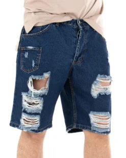 Bermuda Pantaloncini Uomo Corti Jeans Con Rotture Cinque Tasche Taschino Denim Scuro GIOSAL-PC1845A