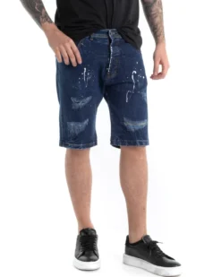 Bermuda Pantaloncini Uomo Corti Jeans Cinque Tasche Con Rotture Regular Fit Sfumato Denim Macchie Pittura GIOSAL-PC1817A