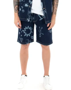 Bermuda Pantaloncini Uomo Corti Jeans Cinque Tasche Casual Regular Fit Stampa Graffiti Printed Denim Scuro GIOSAL-PC1767A