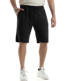 Bermuda Pantaloncini Uomo Corti Lino Jogger Basic Tinta Unita Nero GIOSAL-PC1944A