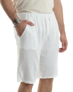 Bermuda Pantaloncini Uomo Corti Lino Jogger Basic Tinta Unita Bianco GIOSAL-PC1945A