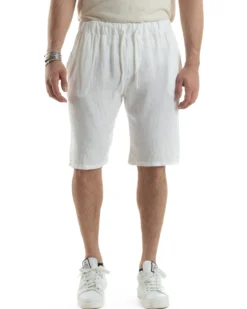 Bermuda Pantaloncini Uomo Corti Lino Jogger Basic Tinta Unita Bianco GIOSAL-PC1945A