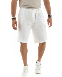 Bermuda pantaloncini uomo corti lino sartoriale con laccetto bianco GIOSAL-PC1932A