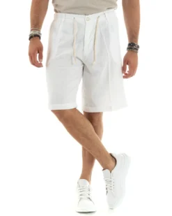 Bermuda pantaloncini uomo corti lino sartoriale con laccetto bianco GIOSAL-PC1932A