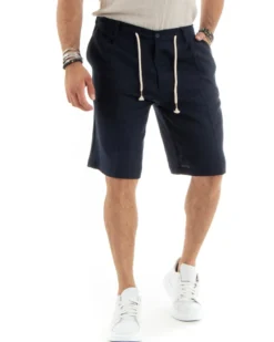Bermuda pantaloncini uomo corti lino sartoriale con laccetto blu GIOSAL-PC1928A