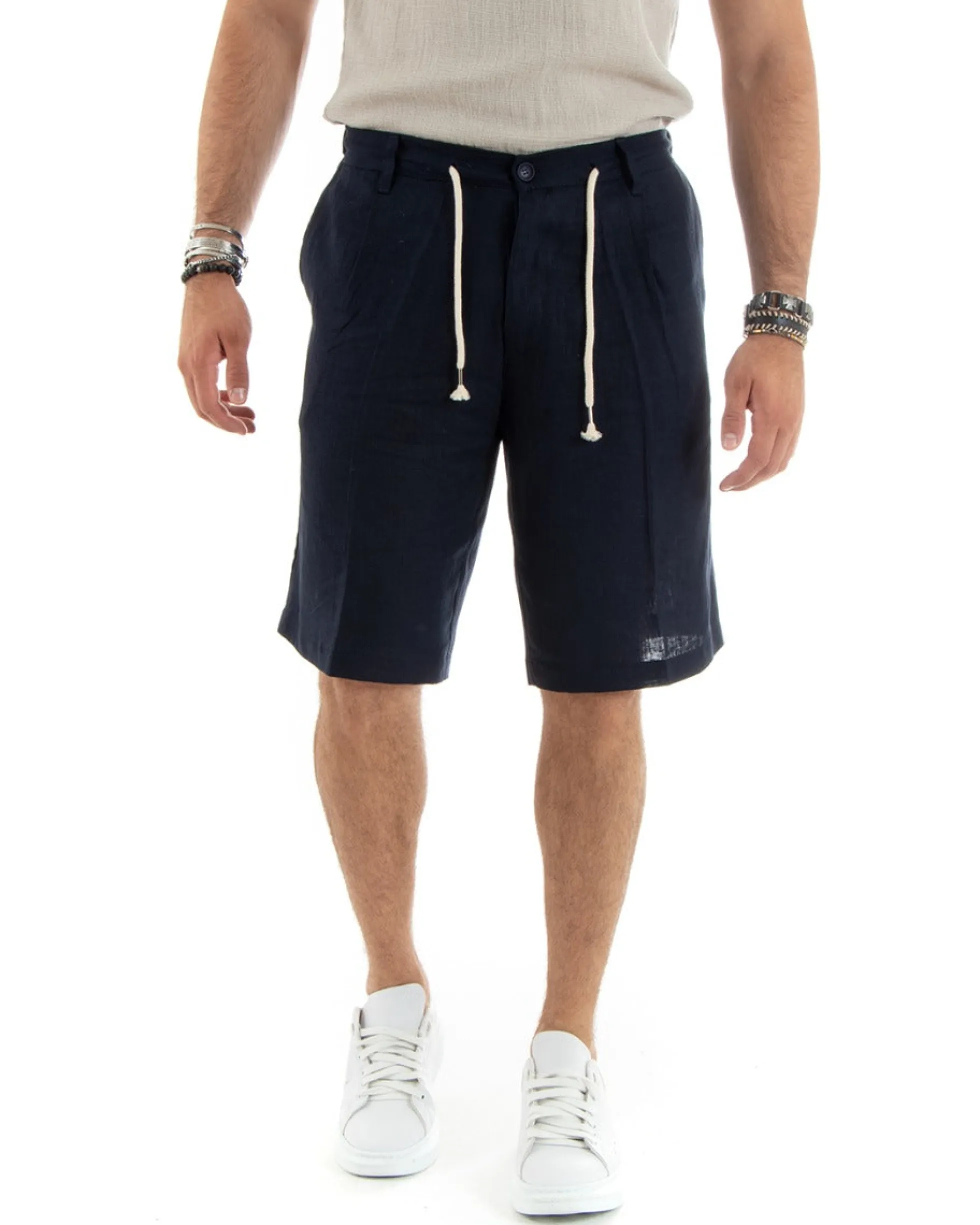 Bermuda pantaloncini uomo corti lino sartoriale con laccetto blu GIOSAL-PC1928A