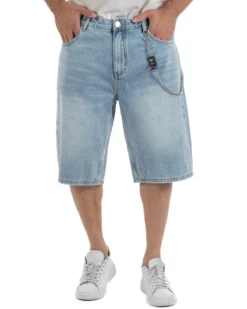 Bermuda pantaloncini uomo jeans oversize con catena e logo street style denim ICON-IUD007