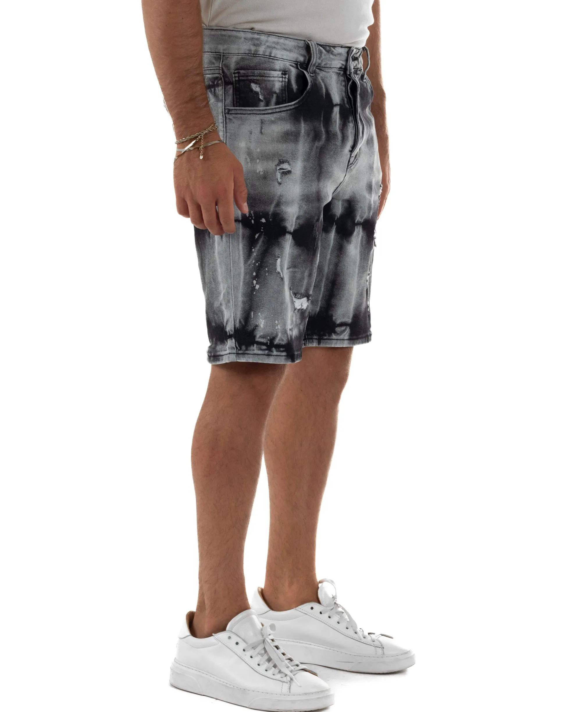Bermuda pantaloncini uomo jeans abrasioni effetto tie-dye used denim nero GIOSAL-PC2057A