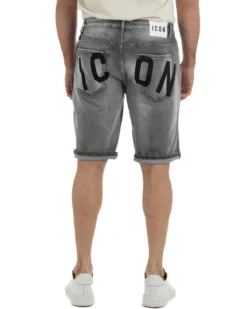 Bermuda pantaloncini uomo jeans rotture con catena e logo street style denim nero ICON-IUD031