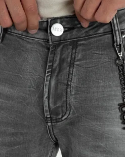 Bermuda pantaloncini uomo jeans rotture con catena e logo street style denim nero ICON-IUD031